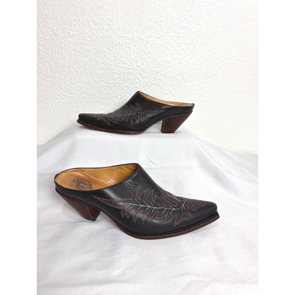 Charlie 1 Horse Shoes - Black Embroidered Leather Snip Toe Heeled Mule Cowboy Boots Size 9 Western